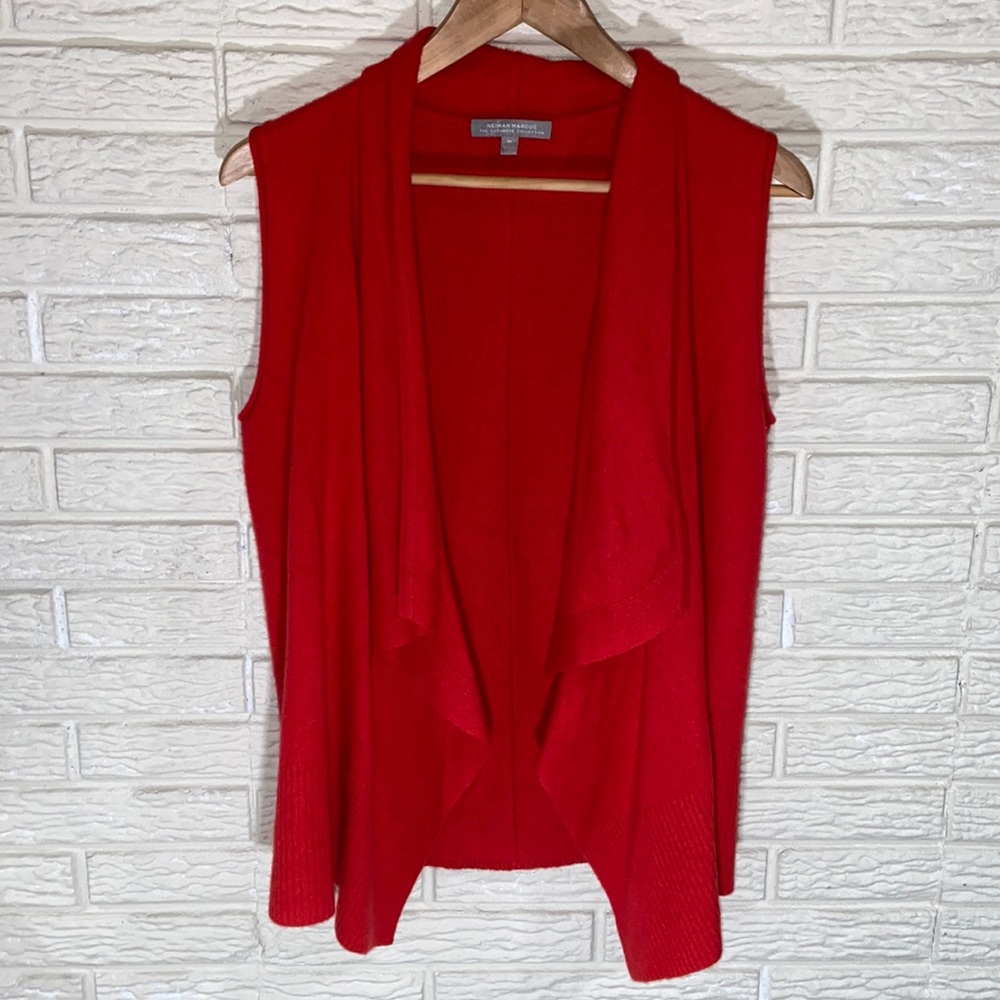 Neiman Marcus Cashmere Collection Red Open Front Vest Knit 100% Cashmere Size M